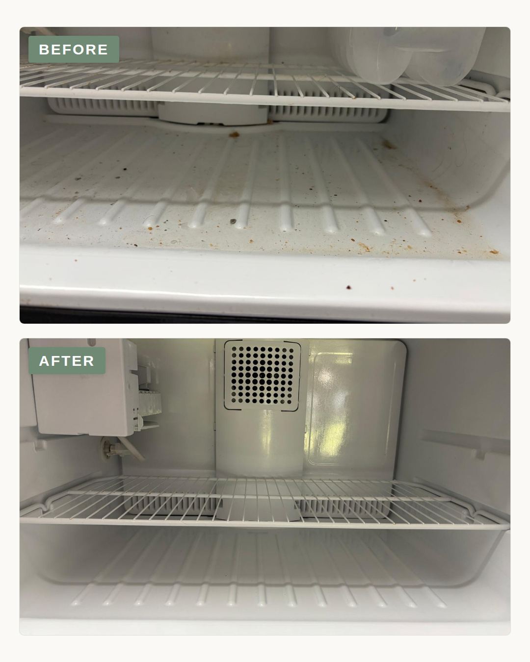 Before and after photo of a freezer interior cleaned by Bóson Clean